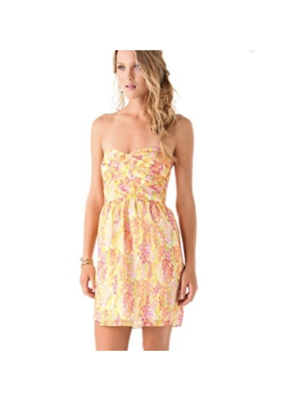 SHOSHANNA Zoe Strapless Garden Print Dress Pink Yellow Green Orange SZ 8